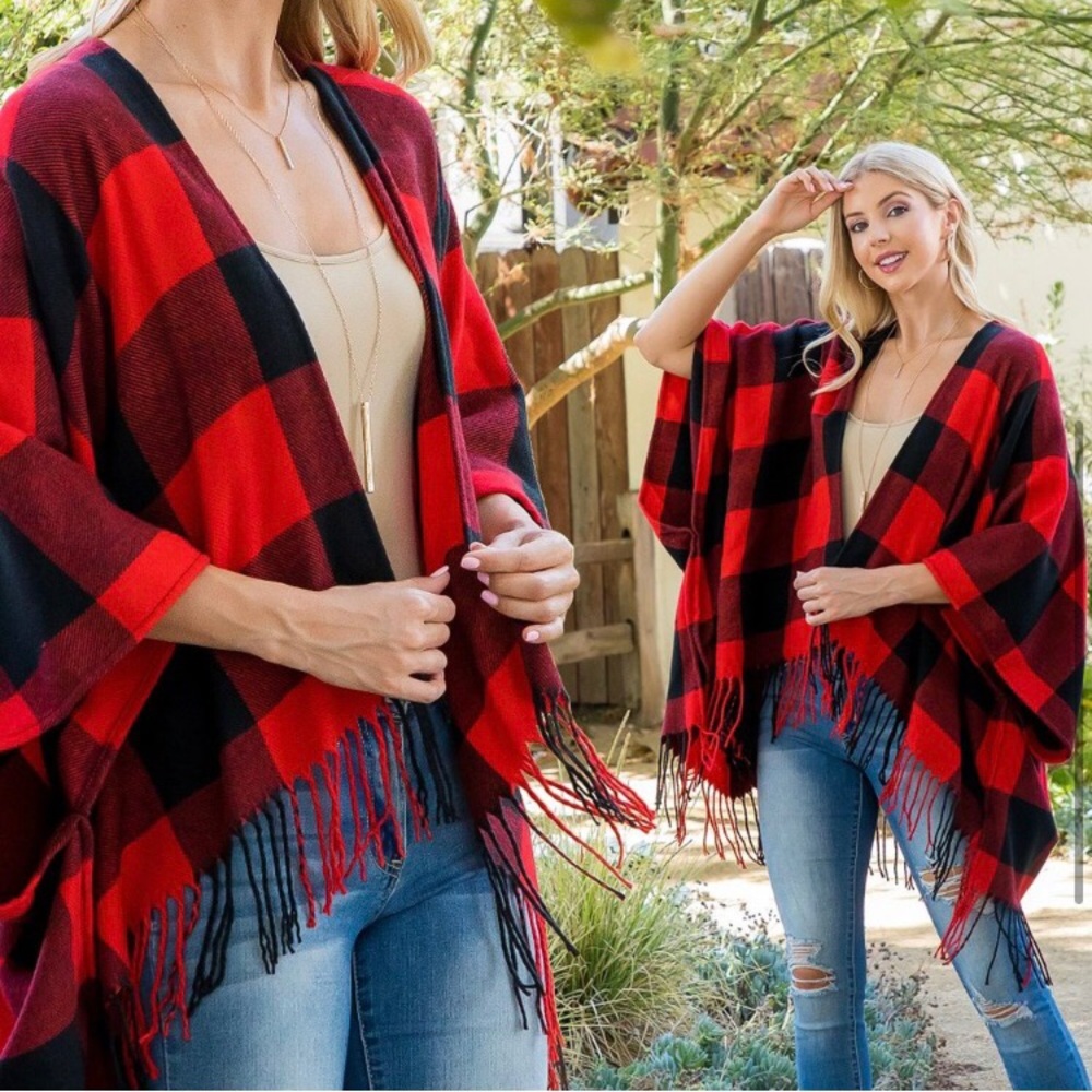 Beautiful Buffalo plaid print front fringe drape over fall winter kimono - Picture 3 of 4